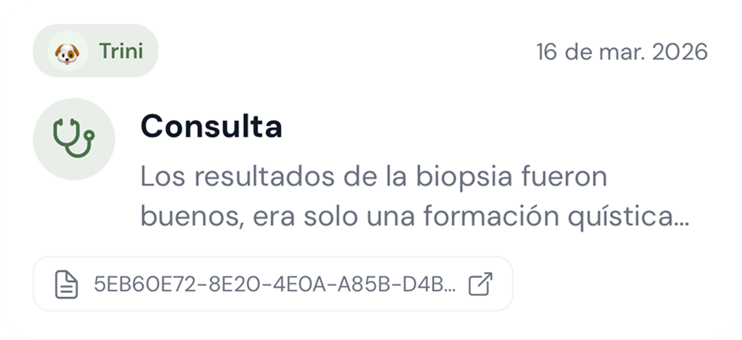 Tarjeta de consulta médica en dark mode para Trini, con resumen generado por IA y botones de feedback de pulgar arriba y abajo.