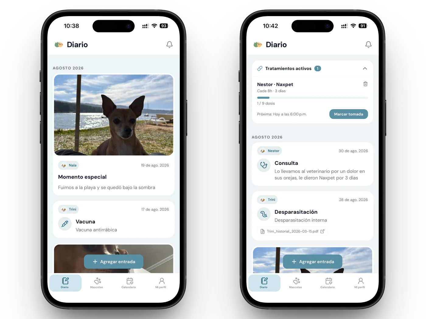 Diario — timeline con recuerdos, eventos médicos y tratamientos