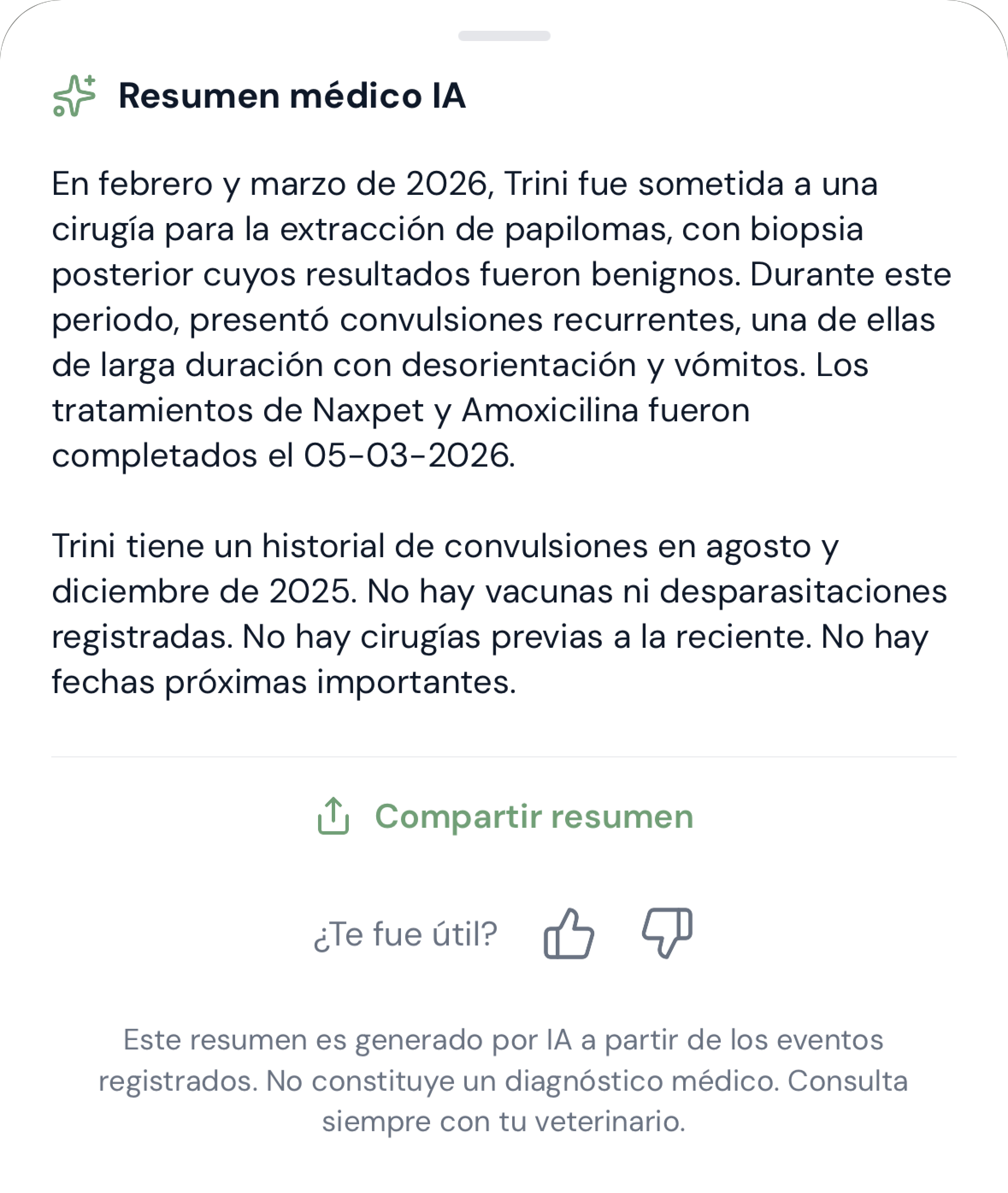 Tarjeta de resumen médico generado por IA con botones de feedback de pulgar arriba y abajo.